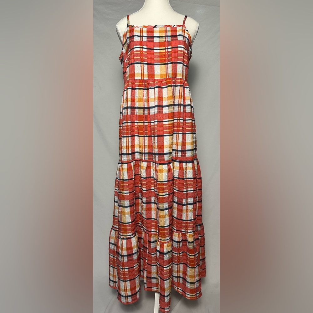 LEE Orange Plaid Tiered Western‎ Summer Strappy Maxi Dress Size M